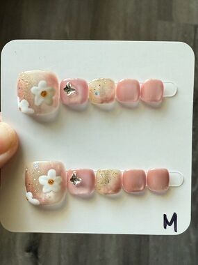 Pink Floral Press-On Toe Nails Handmade